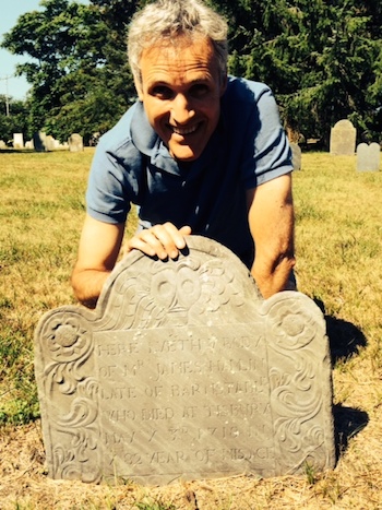 Rick Hamlin with his ancestor James Hamlin's headstone in Martha's Vineyard.